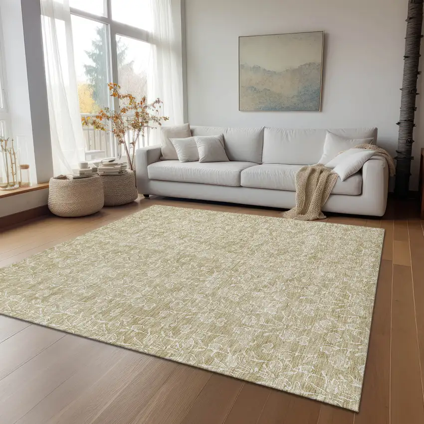 Beige And Ivory Floral Washable Indoor Outdoor Area Rug Photo 8