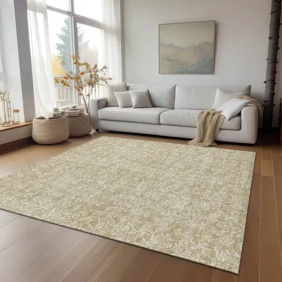 Beige And Ivory Floral Washable Indoor Outdoor Area Rug Photo 9