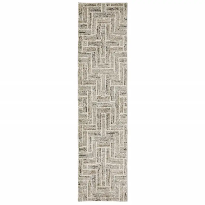 Beige And Ivory Geometric Power Loom Runner Rug Photo 1