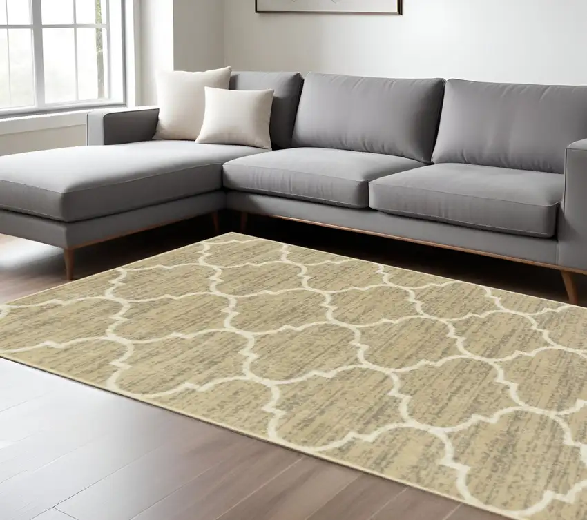 Beige And Ivory Geometric Power Loom Stain Resistant Area Rug Photo 1