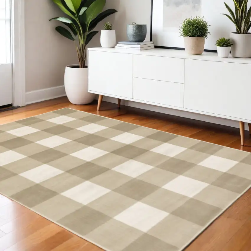 Beige And Ivory Geometric Power Loom Stain Resistant Area Rug Photo 1