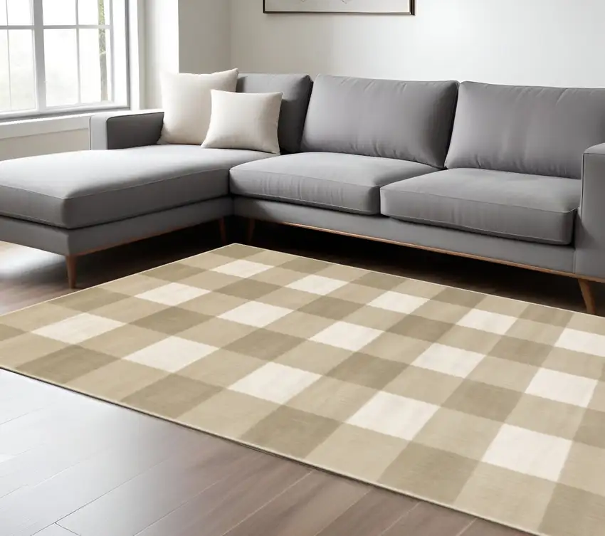 Beige And Ivory Geometric Power Loom Stain Resistant Area Rug Photo 1