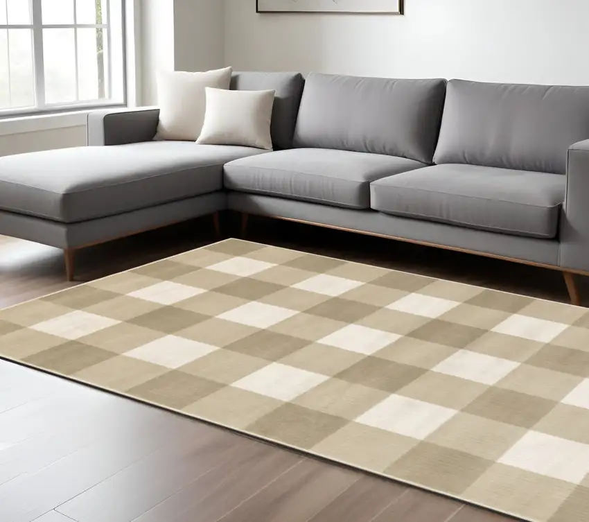 Beige and Ivory Geometric Power Loom Area Rug Photo 1