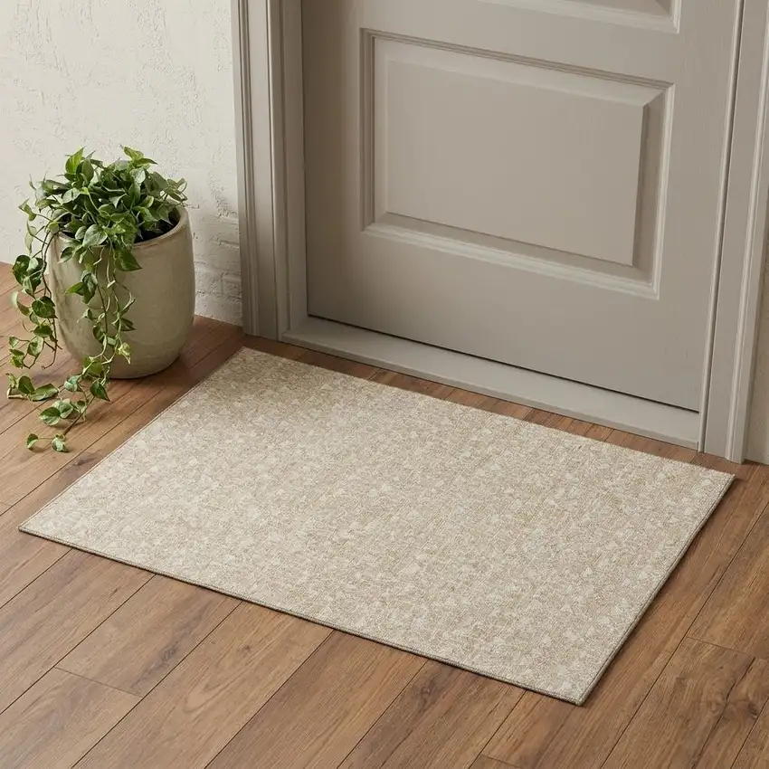 Beige And Ivory Geometric Washable Area Rug With UV Protection Photo 1