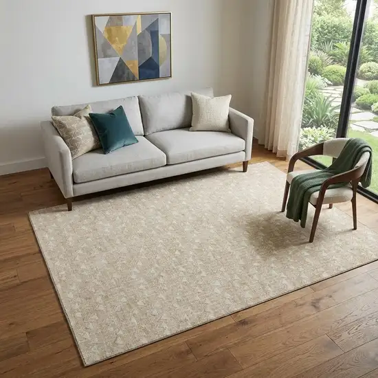 Beige And Ivory Geometric Washable Area Rug With UV Protection Photo 1