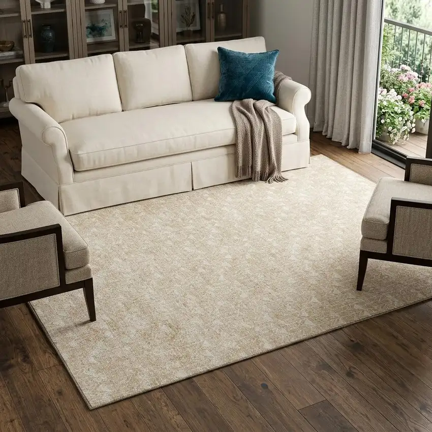 Beige And Ivory Geometric Washable Area Rug With UV Protection Photo 1