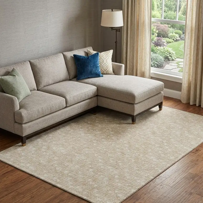 Beige And Ivory Geometric Washable Area Rug With UV Protection Photo 1