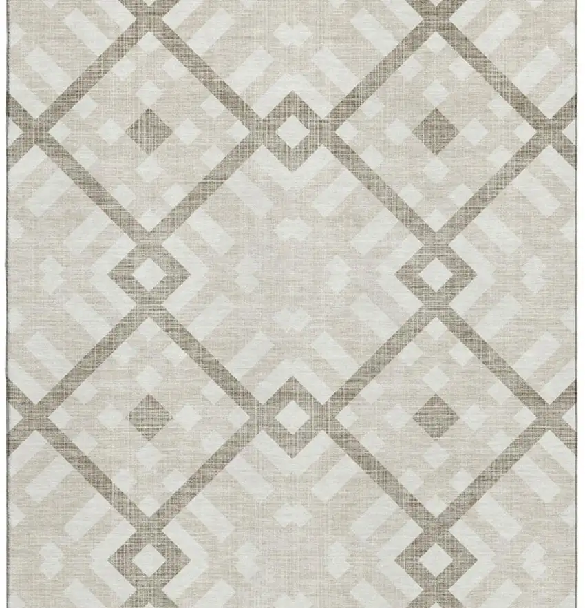 Beige And Ivory Geometric Washable Area Rug With UV Protection Photo 2