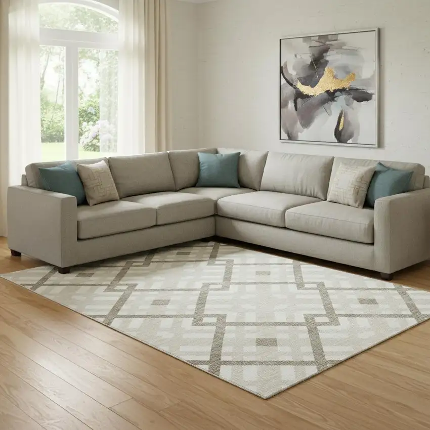 Beige And Ivory Geometric Washable Area Rug With UV Protection Photo 1