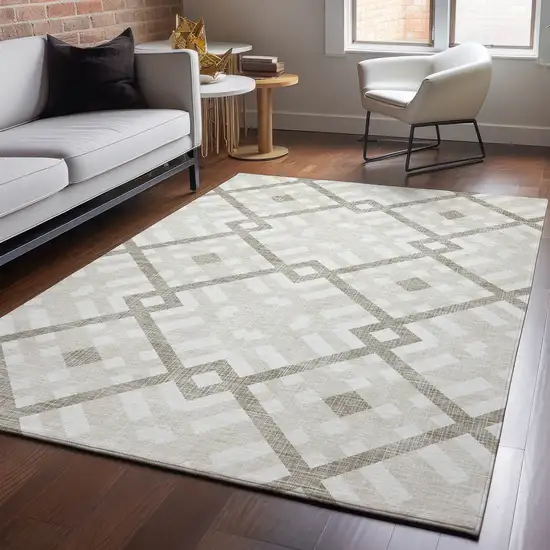 Beige And Ivory Geometric Washable Area Rug With UV Protection Photo 4