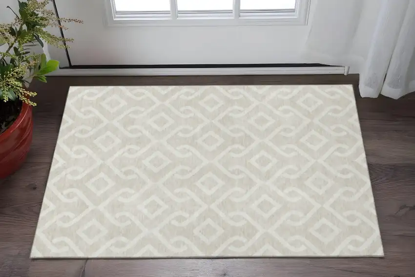 Beige And Ivory Geometric Washable Area Rug With UV Protection Photo 2