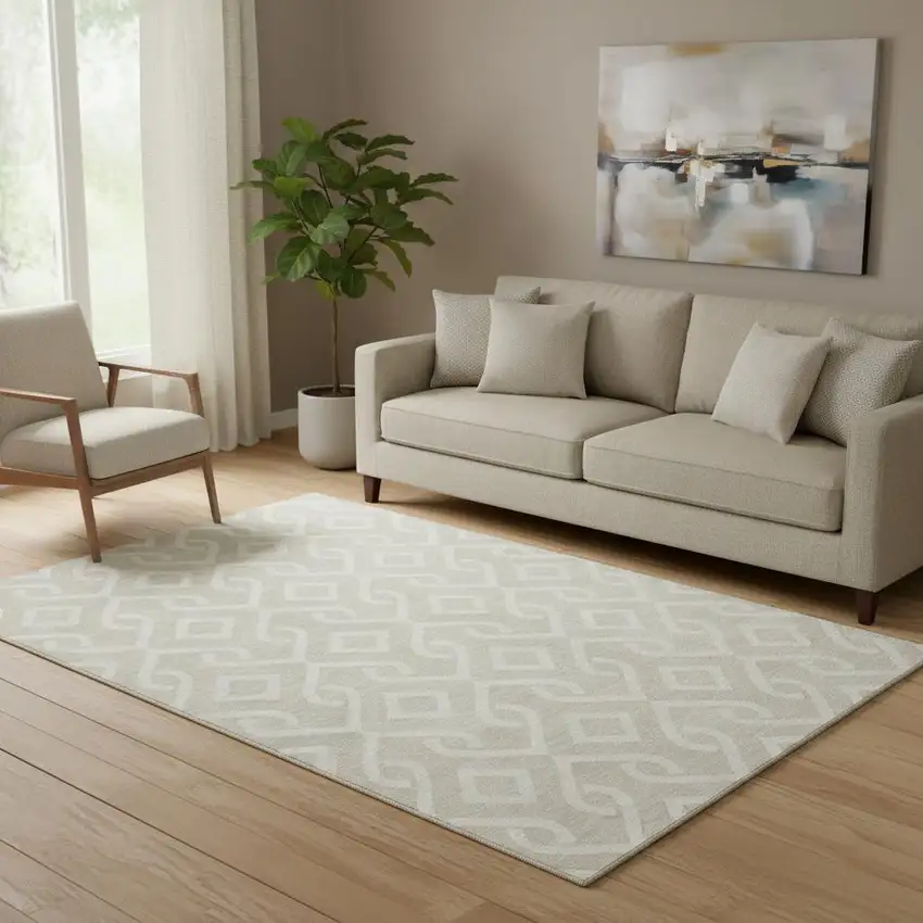 Beige And Ivory Geometric Washable Area Rug With UV Protection Photo 1