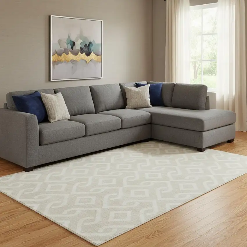 Beige And Ivory Geometric Washable Area Rug With UV Protection Photo 1