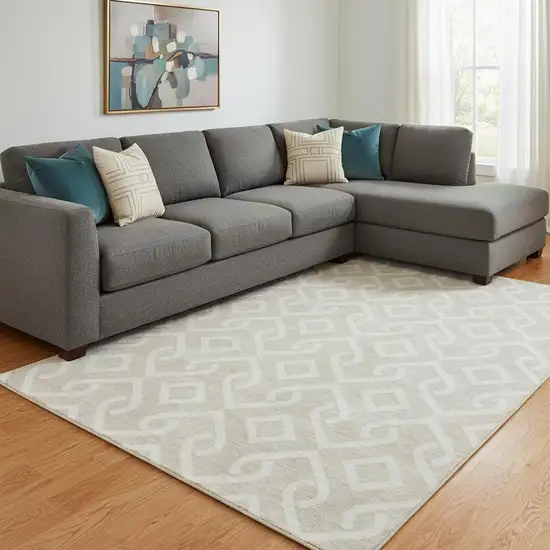 Beige And Ivory Geometric Washable Area Rug With UV Protection Photo 1