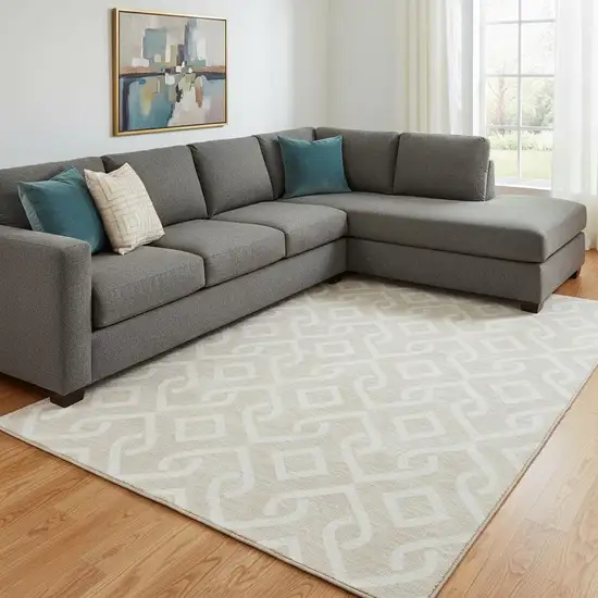 Beige And Ivory Geometric Washable Area Rug With UV Protection Photo 1