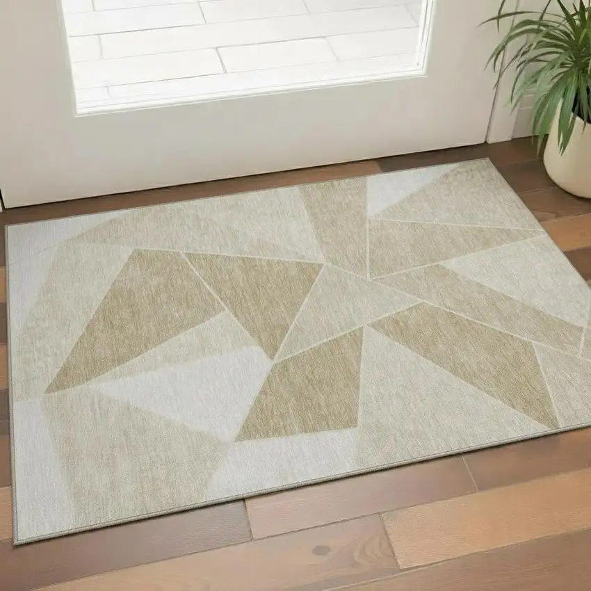 Beige And Ivory Geometric Washable Area Rug With UV Protection Photo 1