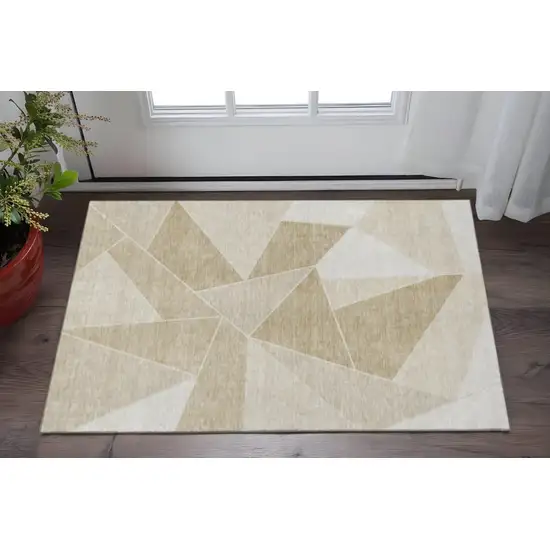 Beige And Ivory Geometric Washable Area Rug With UV Protection Photo 2