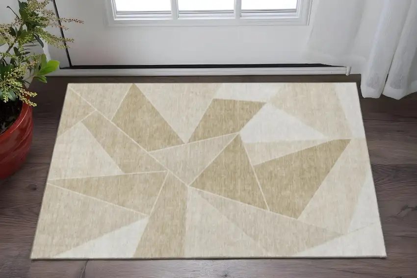 Beige And Ivory Geometric Washable Area Rug With UV Protection Photo 2