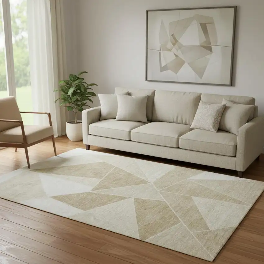 Beige And Ivory Geometric Washable Area Rug With UV Protection Photo 1