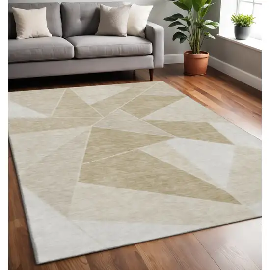Beige And Ivory Geometric Washable Area Rug With UV Protection Photo 2