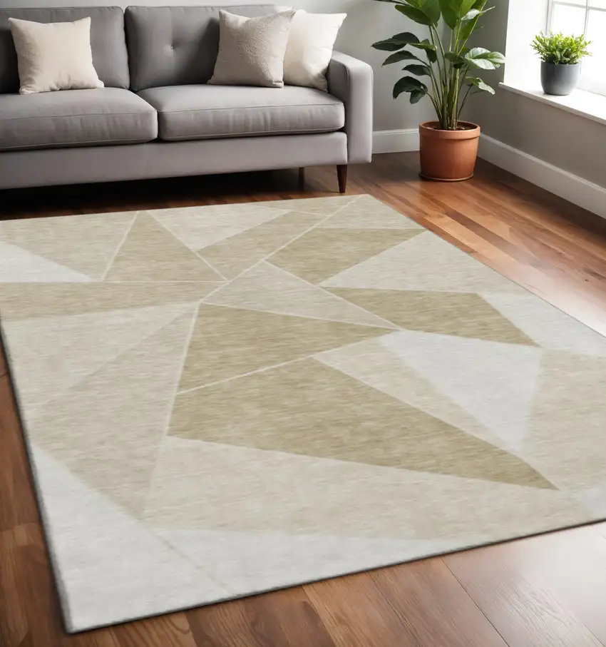 Beige And Ivory Geometric Washable Area Rug With UV Protection Photo 2