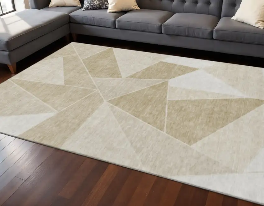 Beige And Ivory Geometric Washable Area Rug With UV Protection Photo 2