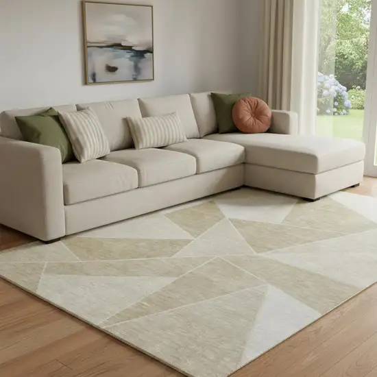 Beige And Ivory Geometric Washable Area Rug With UV Protection Photo 1