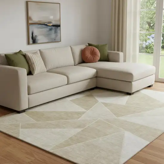Beige And Ivory Geometric Washable Area Rug With UV Protection Photo 1
