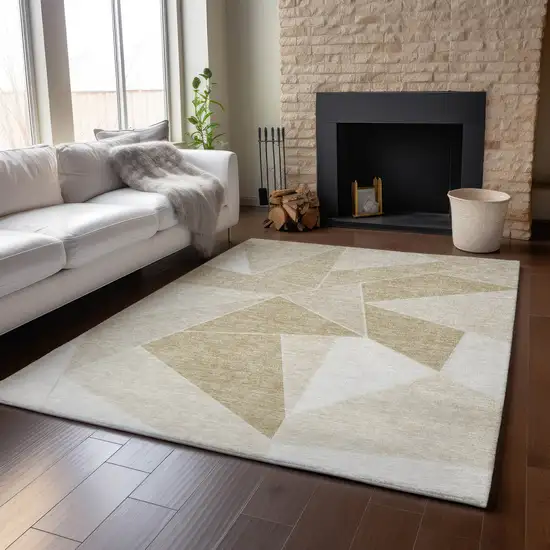 Beige And Ivory Geometric Washable Area Rug With UV Protection Photo 6