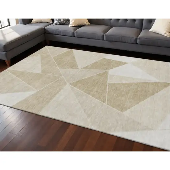 Beige And Ivory Geometric Washable Area Rug With UV Protection Photo 2