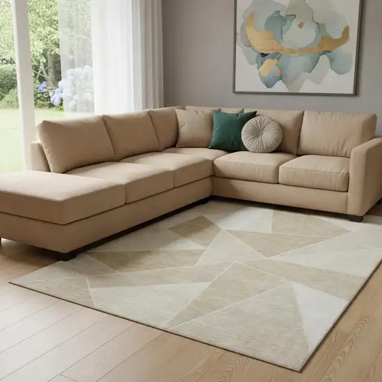 Beige And Ivory Geometric Washable Area Rug With UV Protection Photo 1