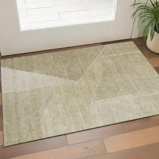 Beige And Ivory Geometric Washable Area Rug With UV Protection Photo 1