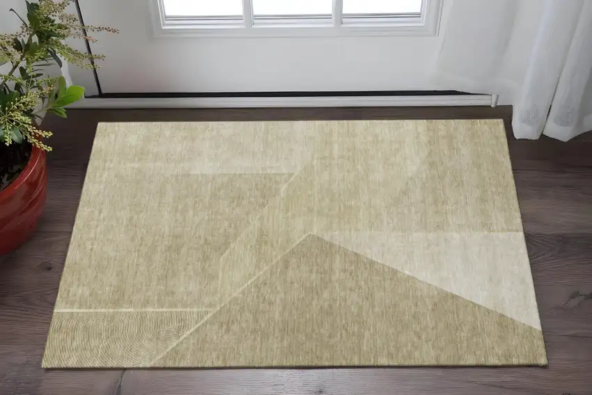 Beige And Ivory Geometric Washable Area Rug With UV Protection Photo 2