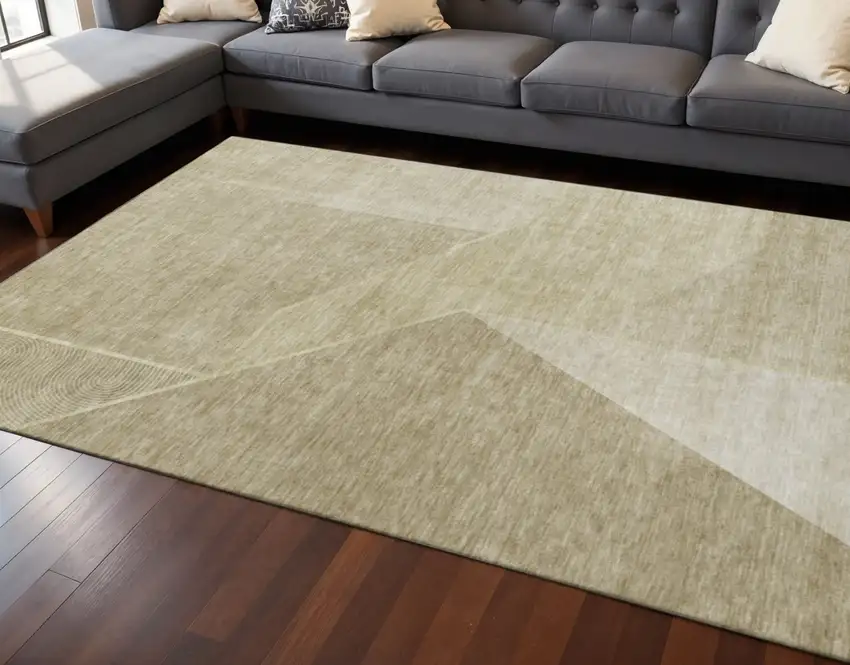 Beige And Ivory Geometric Washable Area Rug With UV Protection Photo 2