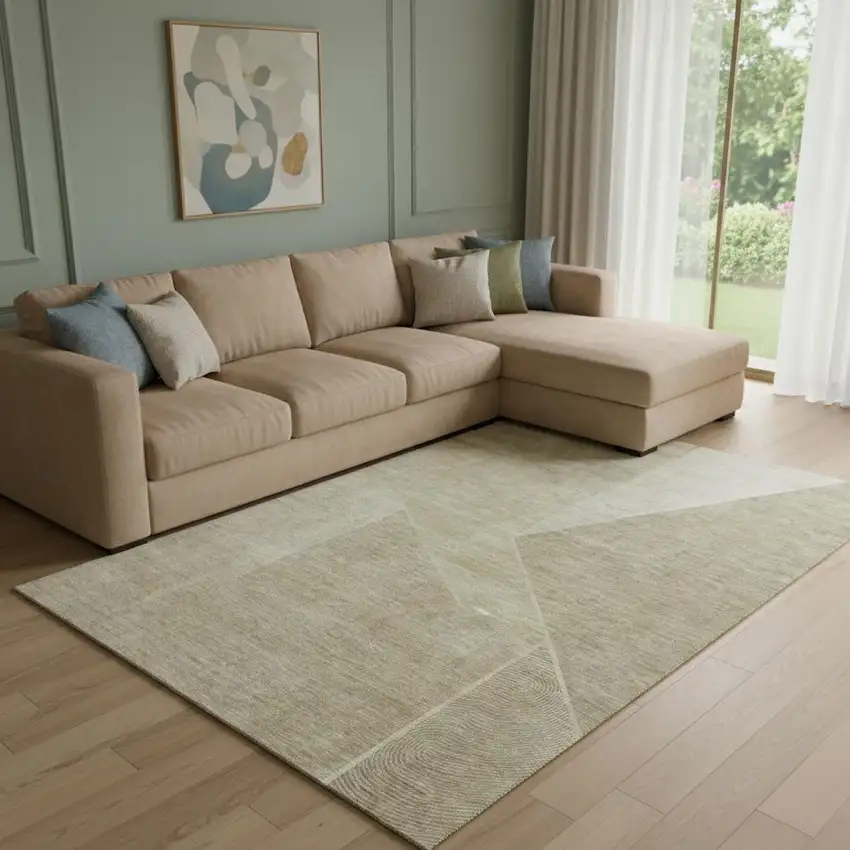 Beige And Ivory Geometric Washable Area Rug With UV Protection Photo 1