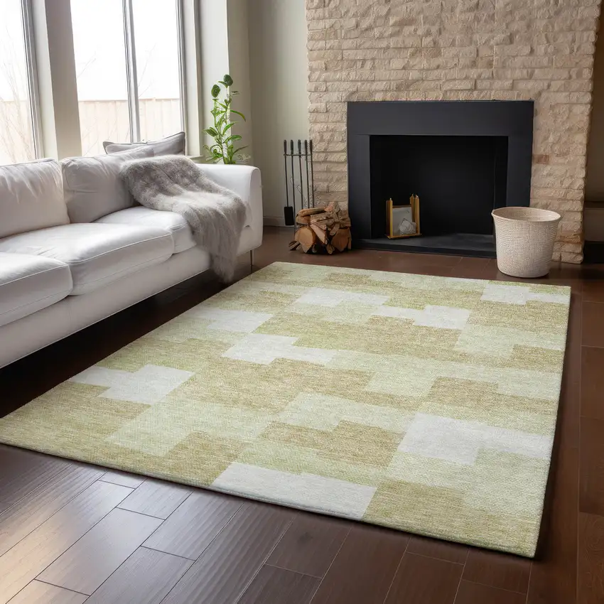 Beige And Ivory Geometric Washable Area Rug With UV Protection Photo 5