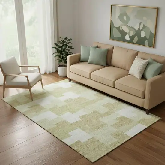 Beige And Ivory Geometric Washable Area Rug With UV Protection Photo 1