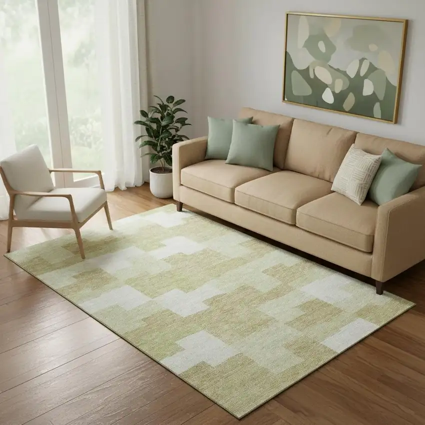 Beige And Ivory Geometric Washable Area Rug With UV Protection Photo 1