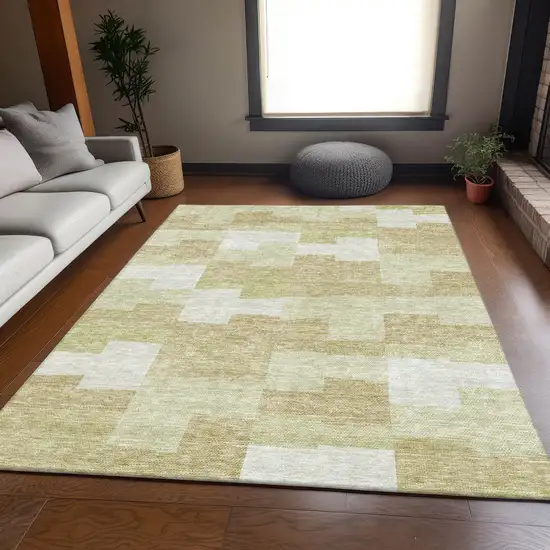 Beige And Ivory Geometric Washable Area Rug With UV Protection Photo 4