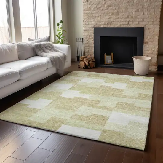 Beige And Ivory Geometric Washable Area Rug With UV Protection Photo 5