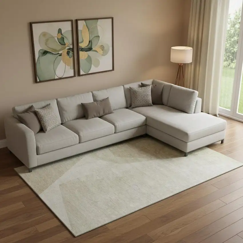 Beige And Ivory Geometric Washable Area Rug With UV Protection Photo 1