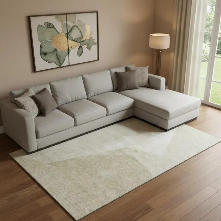 Beige And Ivory Geometric Washable Area Rug With UV Protection Photo 1