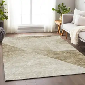 Photo of Beige And Ivory Geometric Washable Area Rug With UV Protection