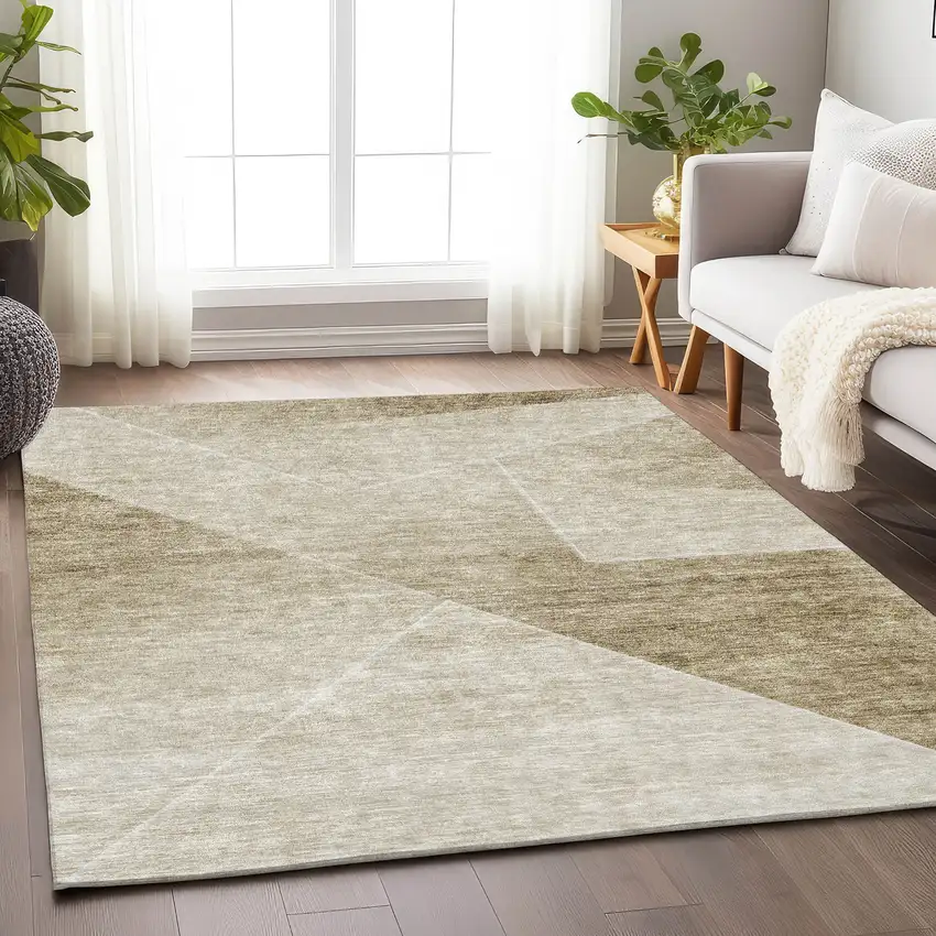 Beige And Ivory Geometric Washable Area Rug With UV Protection Photo 4