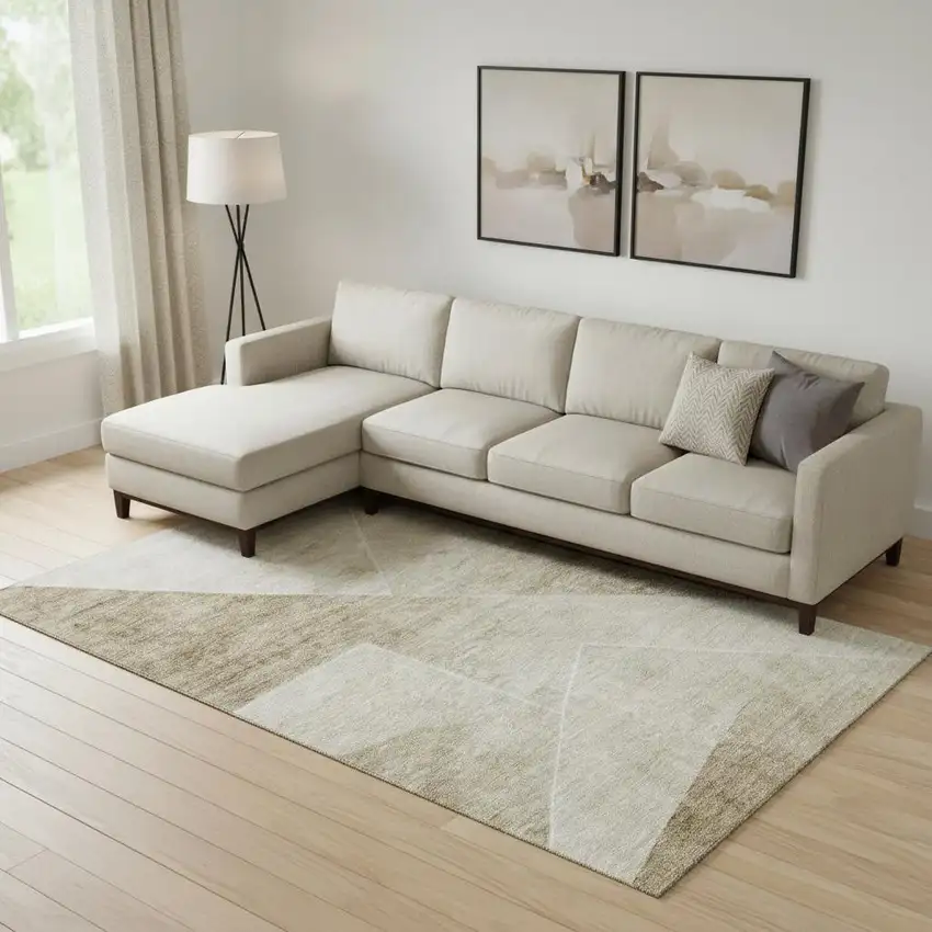 Beige And Ivory Geometric Washable Area Rug With UV Protection Photo 1