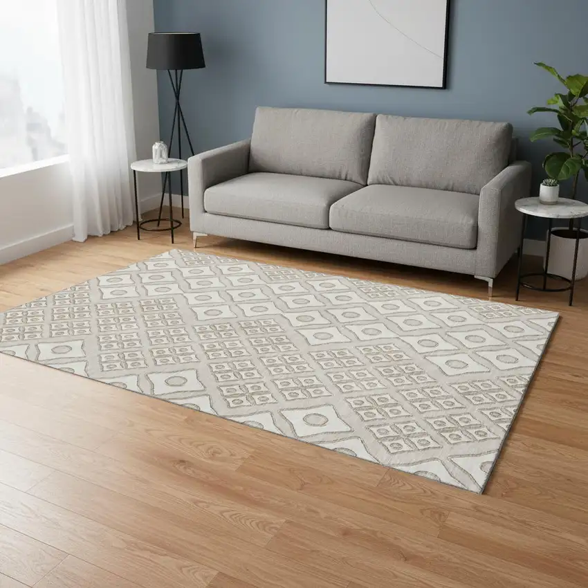 Beige And Ivory Geometric Washable Area Rug With UV Protection Photo 1