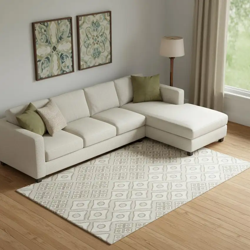 Beige And Ivory Geometric Washable Area Rug With UV Protection Photo 1