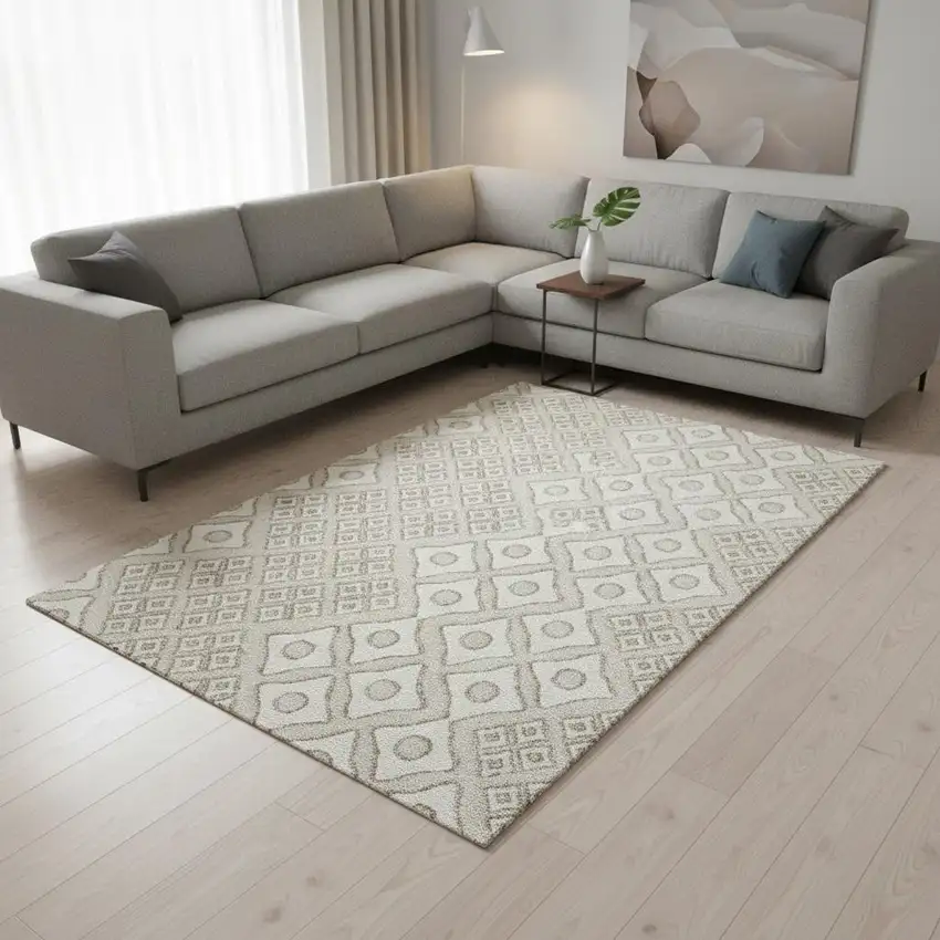 Beige And Ivory Geometric Washable Area Rug With UV Protection Photo 1