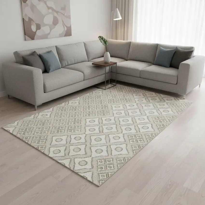 Beige And Ivory Geometric Washable Area Rug With UV Protection Photo 1
