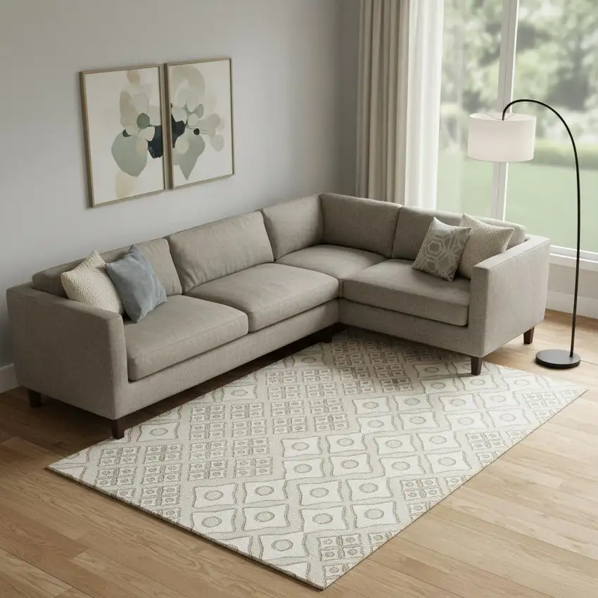Beige And Ivory Geometric Washable Area Rug With UV Protection Photo 1